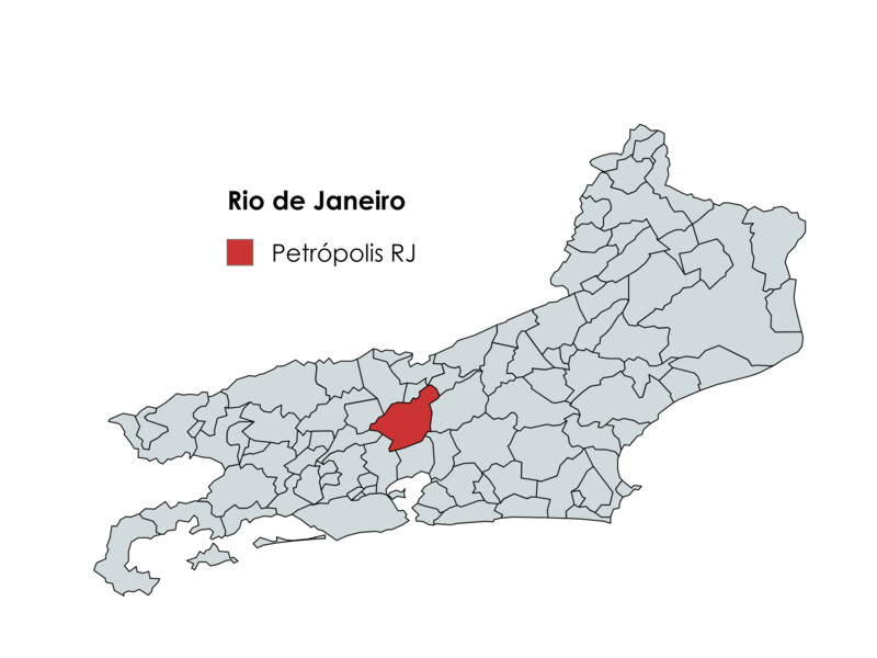 Mapa do estado do Rio de Janeiro destacando a localização do município de Petrópolis em vermelho.