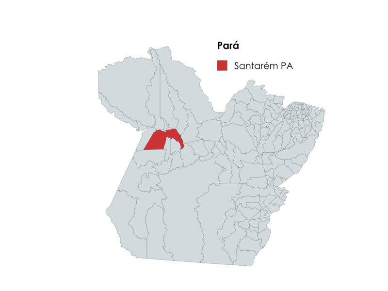 Mapa do estado do Pará destacando a localização de Santarém em vermelho