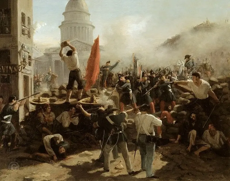 Pintura da Revolução de 1848 na França com barricadas e combate nas ruas de Paris