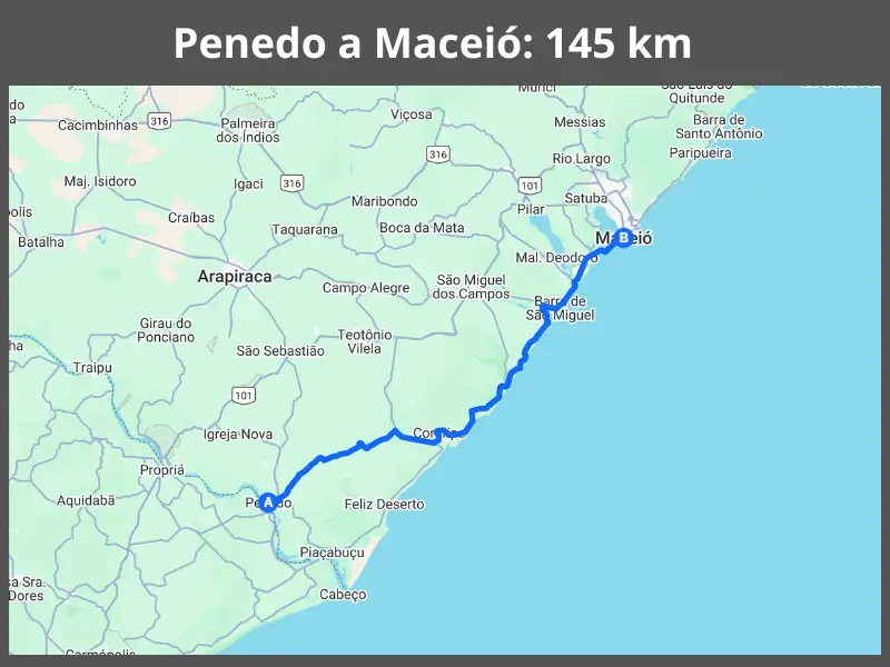 Mapa mostrando a rota de carro entre Penedo e Maceió, em Alagoas, com distância e tempo estimado.