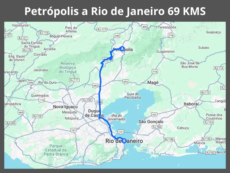 Mapa da rota entre Petrópolis e a cidade do Rio de Janeiro, mostrando o trajeto de 69 km.
