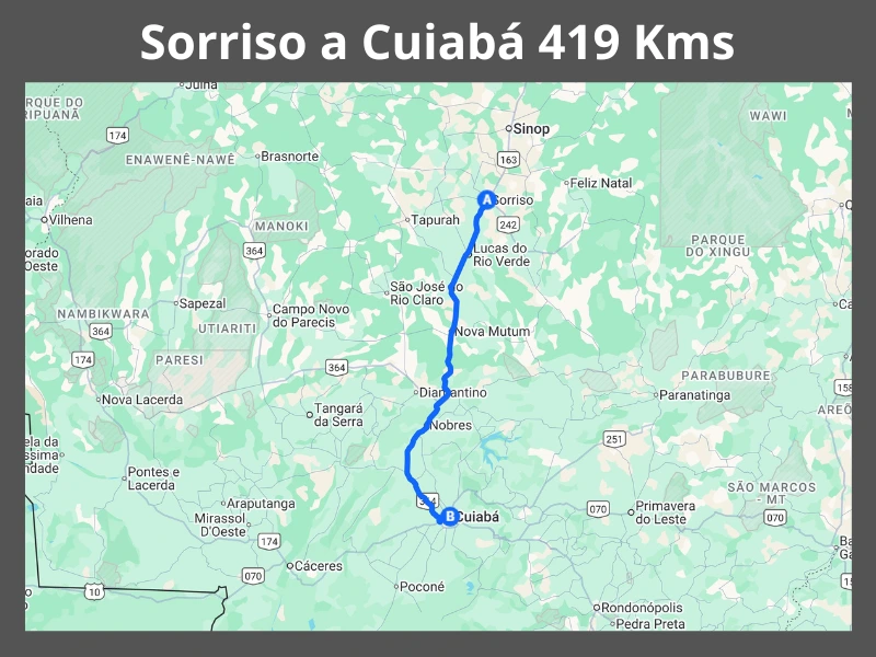 Mapa rodoviário mostrando a rota entre Sorriso e Cuiabá no Mato Grosso