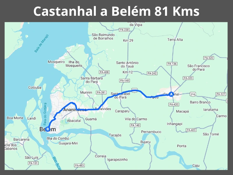 Mapa da rota entre Castanhal e Belém no Pará com distância aproximada de 81 km