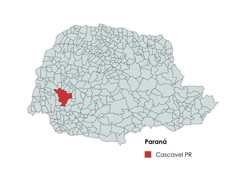 Mapa do estado do Paraná com destaque para o município de Cascavel, localizado na região oeste do estado.