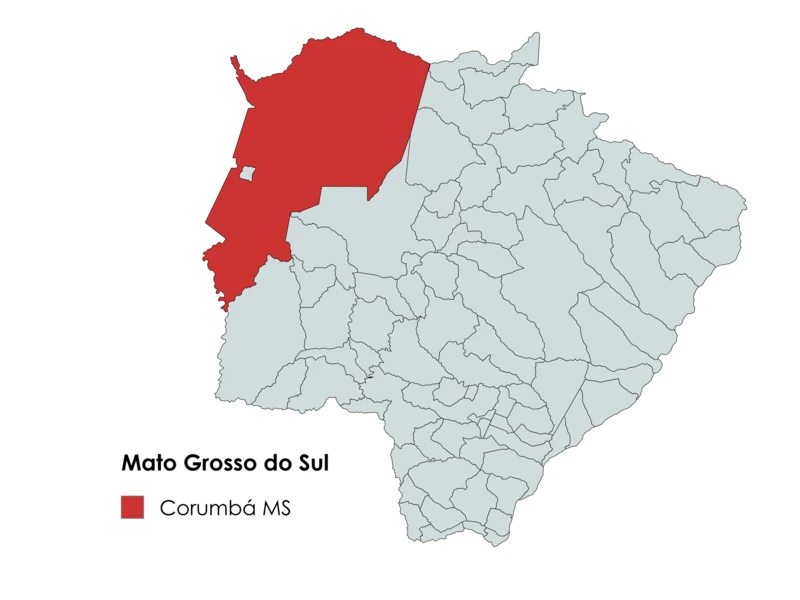 Mapa do Mato Grosso do Sul com destaque para o município de Corumbá, localizado na região oeste do estado.
