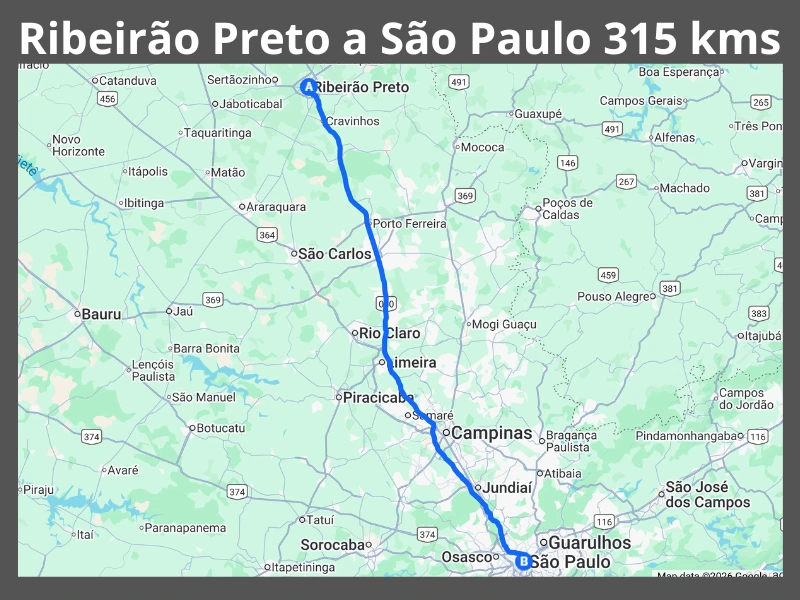 Mapa com a rota rodoviária entre Ribeirão Preto e São Paulo, indicando a distância de 315 quilômetros