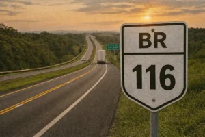 Placa de sinalização da rodovia BR-116 em trecho de estrada no Brasil