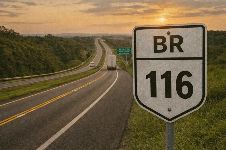 Placa de sinalização da rodovia BR-116 em trecho de estrada no Brasil