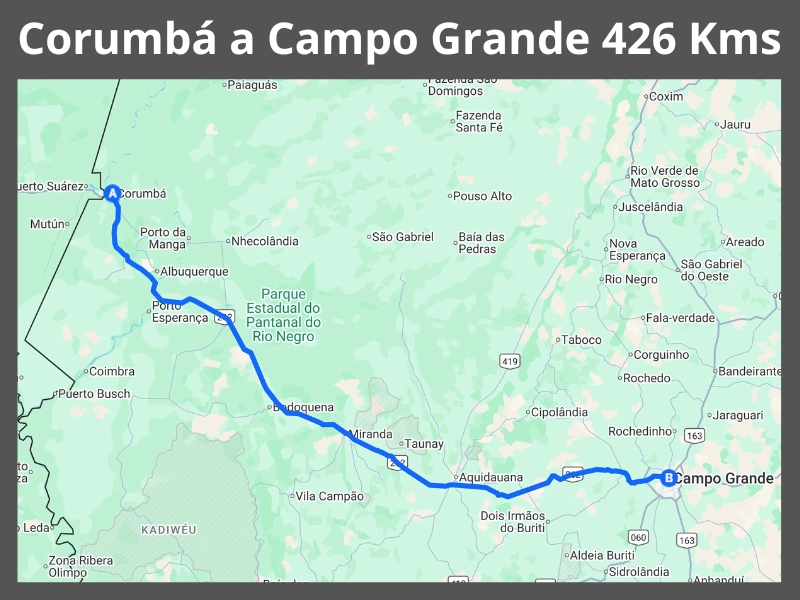 Mapa da rota rodoviária entre Corumbá e Campo Grande, Mato Grosso do Sul, com distância aproximada de 426 quilômetros.